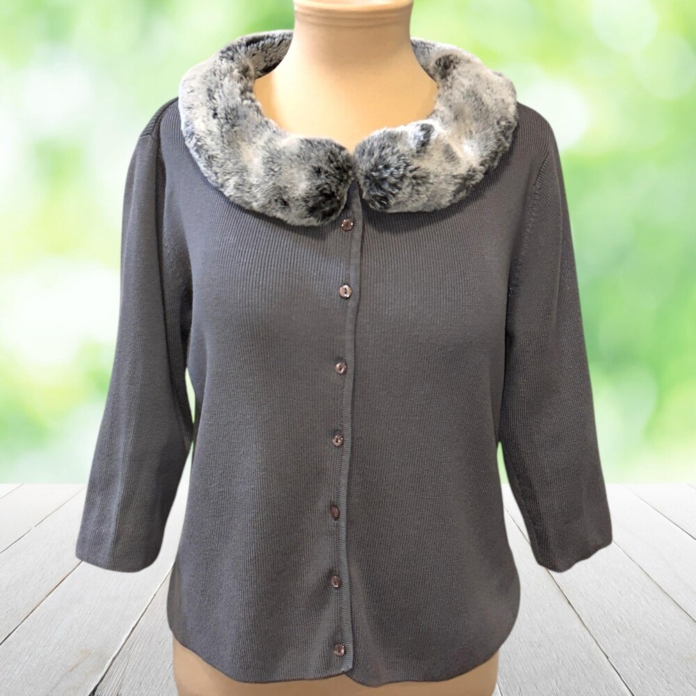 Vintage Y2K BALLINGER GOLD Faux Fur Collar Cardigan Sweater Coquette Glam Size M